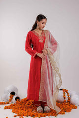 Red Embroidered Silk Kurti Set