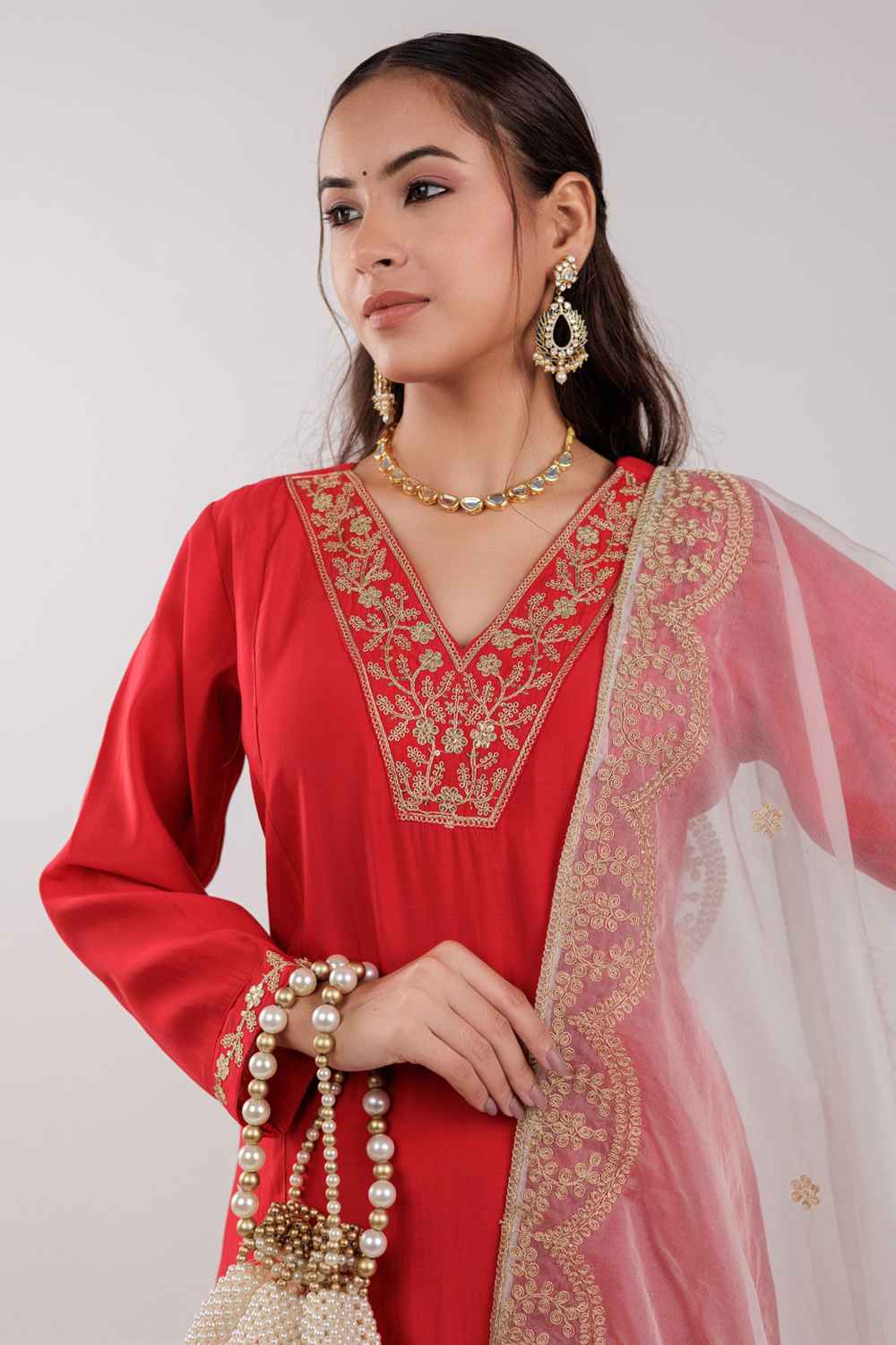 Red Embroidered Silk Kurti Set