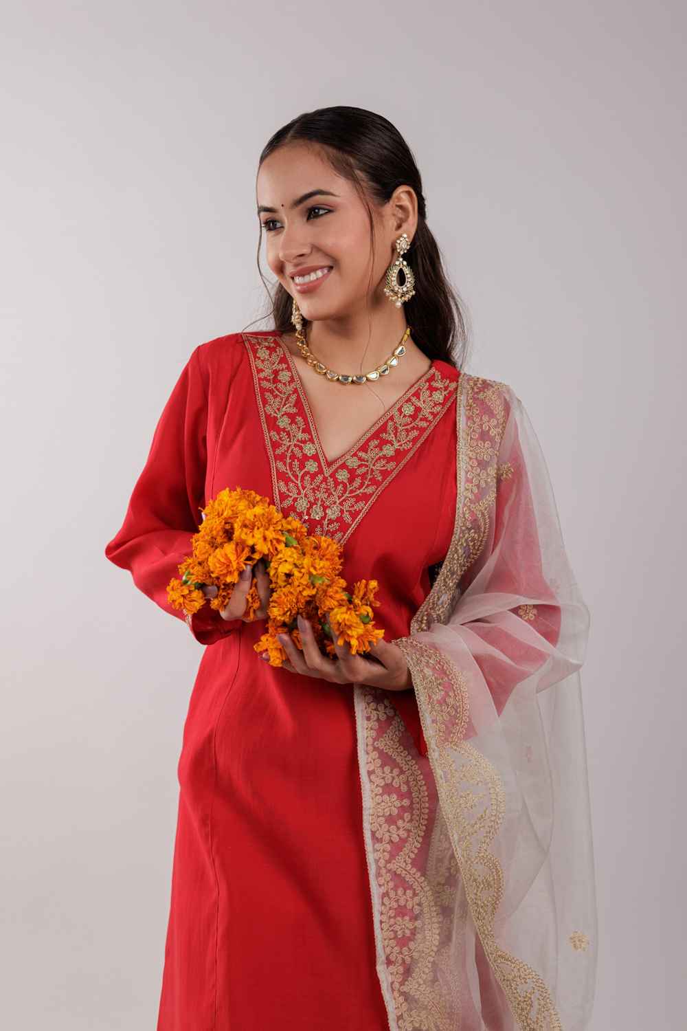 Red Embroidered Silk Kurti Set