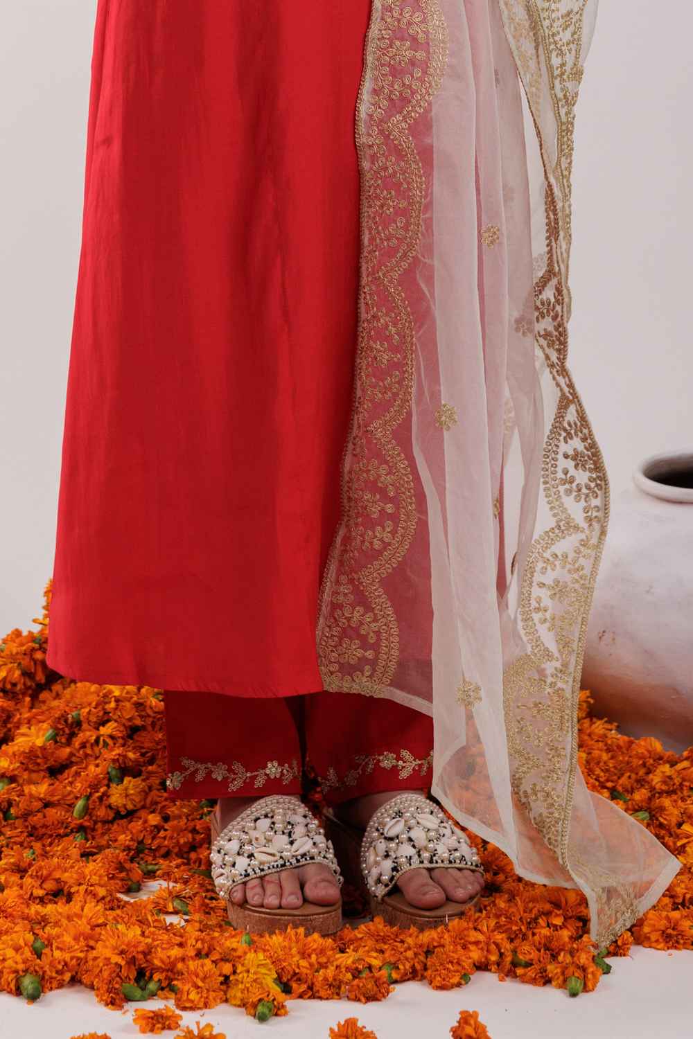 Red Embroidered Silk Kurti Set