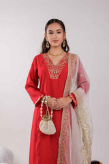 Red Embroidered Silk Kurti Set