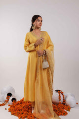 Yellow Embroidered Silk Kurta Set