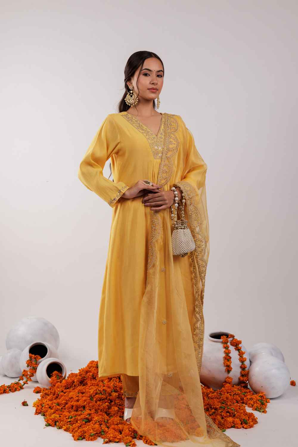 Yellow Embroidered Silk Kurta Set