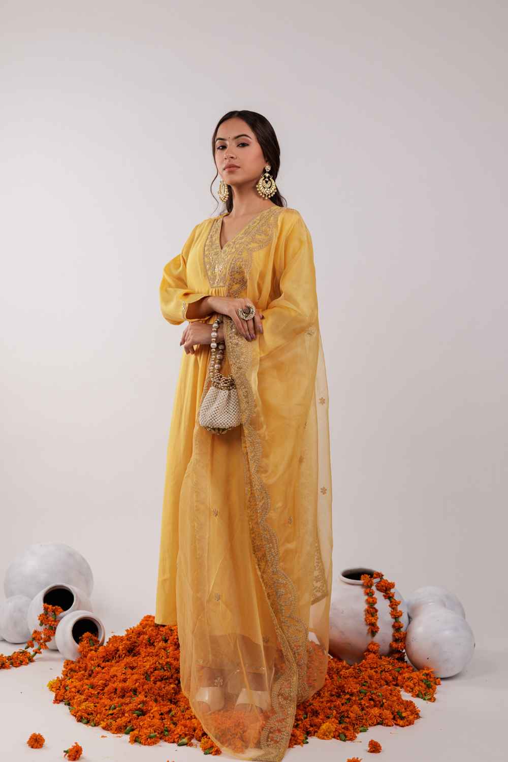 Yellow Embroidered Silk Kurta Set