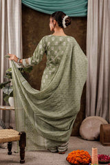 Green Ethnic Motifs Lace Work Pure Cotton Kurta Set