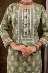 Green Ethnic Motifs Lace Work Pure Cotton Kurta Set