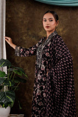 Black Floral Print Beads and Stones Embossed Pure Cotton Kurta Set