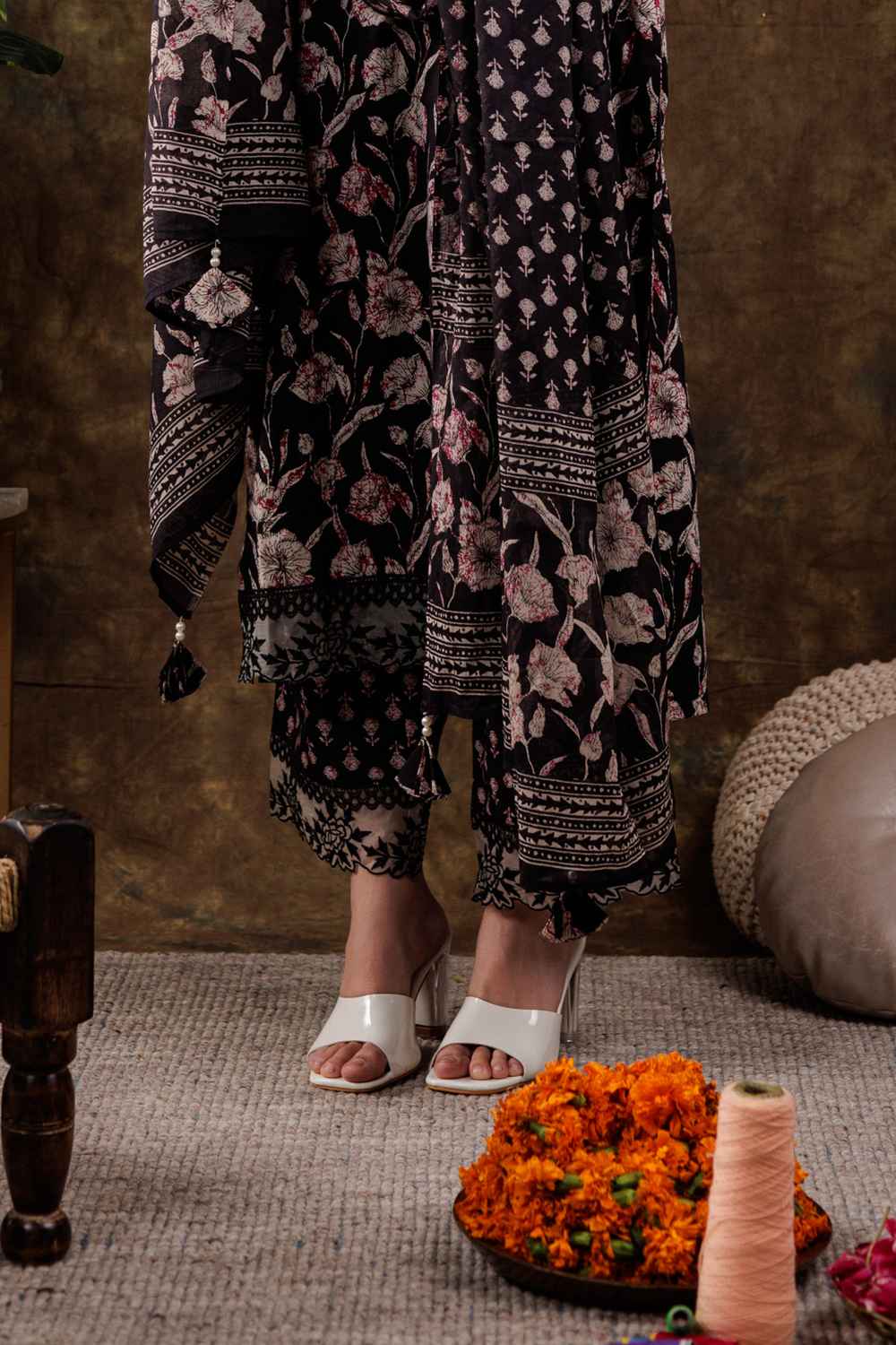 Black Floral Print Beads and Stones Embossed Pure Cotton Kurta Set