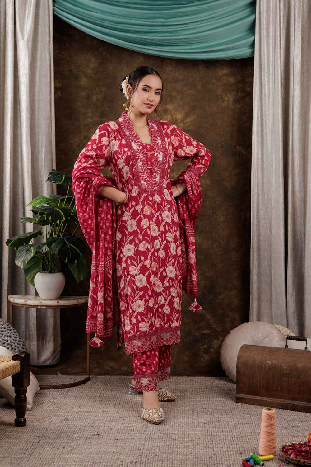 Pink Floral Print Beads and Stones Embossed Pure Cotton Kurta Set