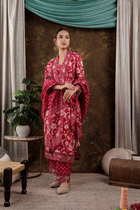 Pink Floral Print Beads and Stones Embossed Pure Cotton Kurta Set