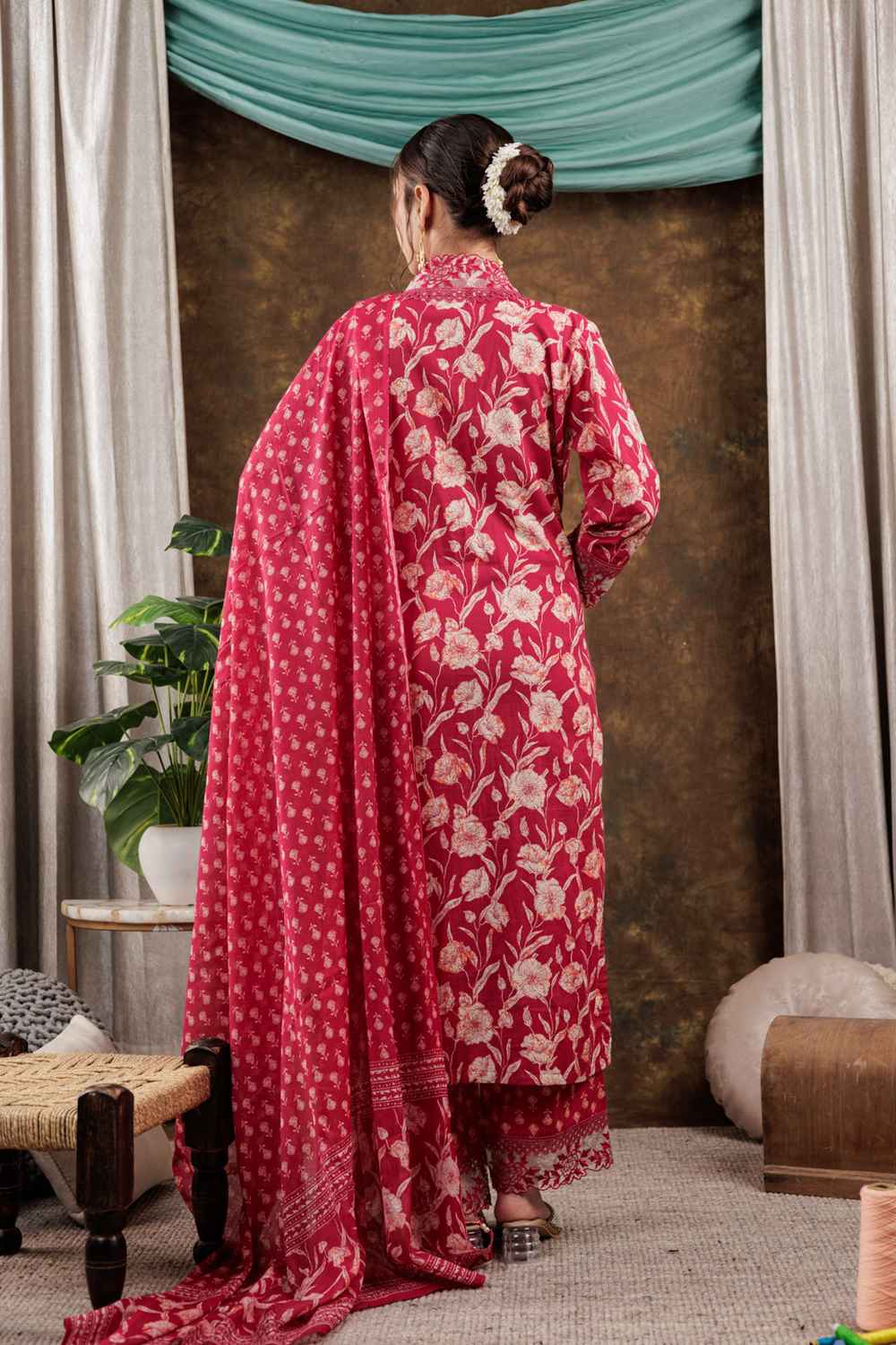 Pink Floral Print Beads and Stones Embossed Pure Cotton Kurti Set