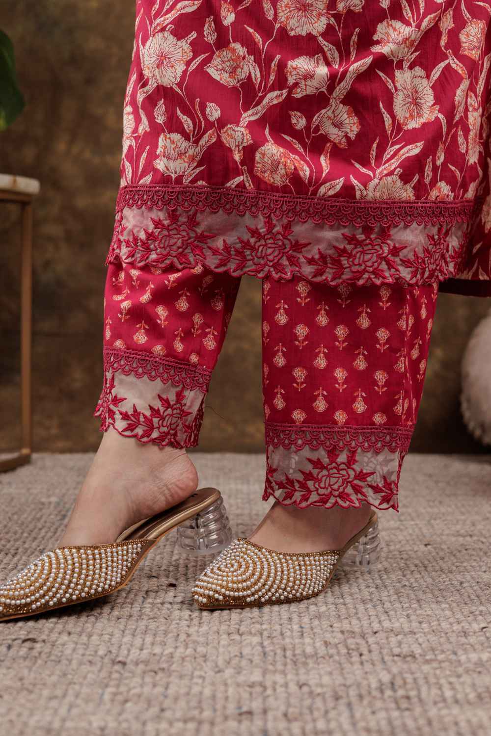 Pink Floral Print Beads and Stones Embossed Pure Cotton Kurta Set