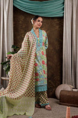 Green Floral Print Beads and Stones Embossed Pure Cotton Kurta Set