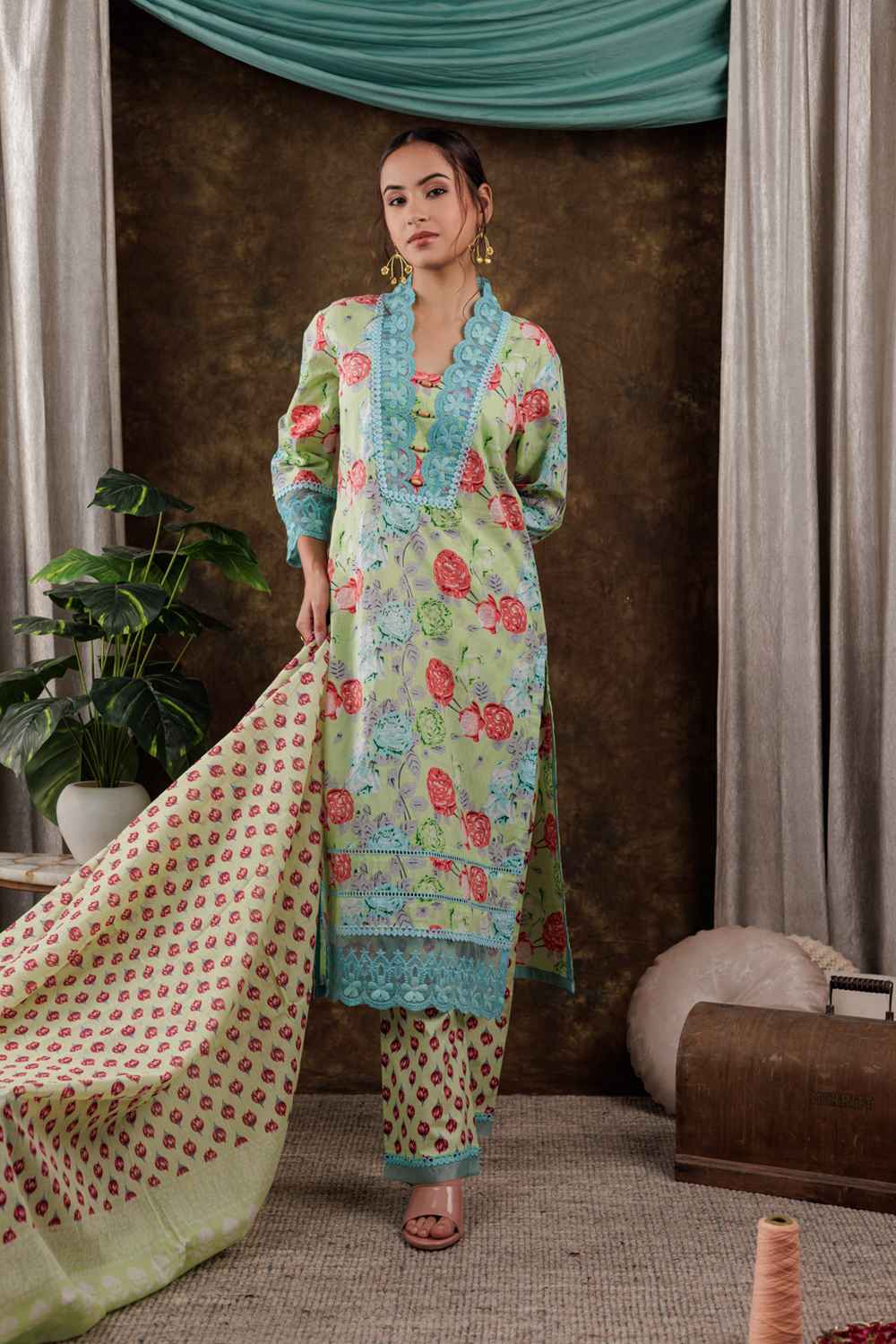 Green Floral Print Beads and Stones Embossed Pure Cotton Kurta Set