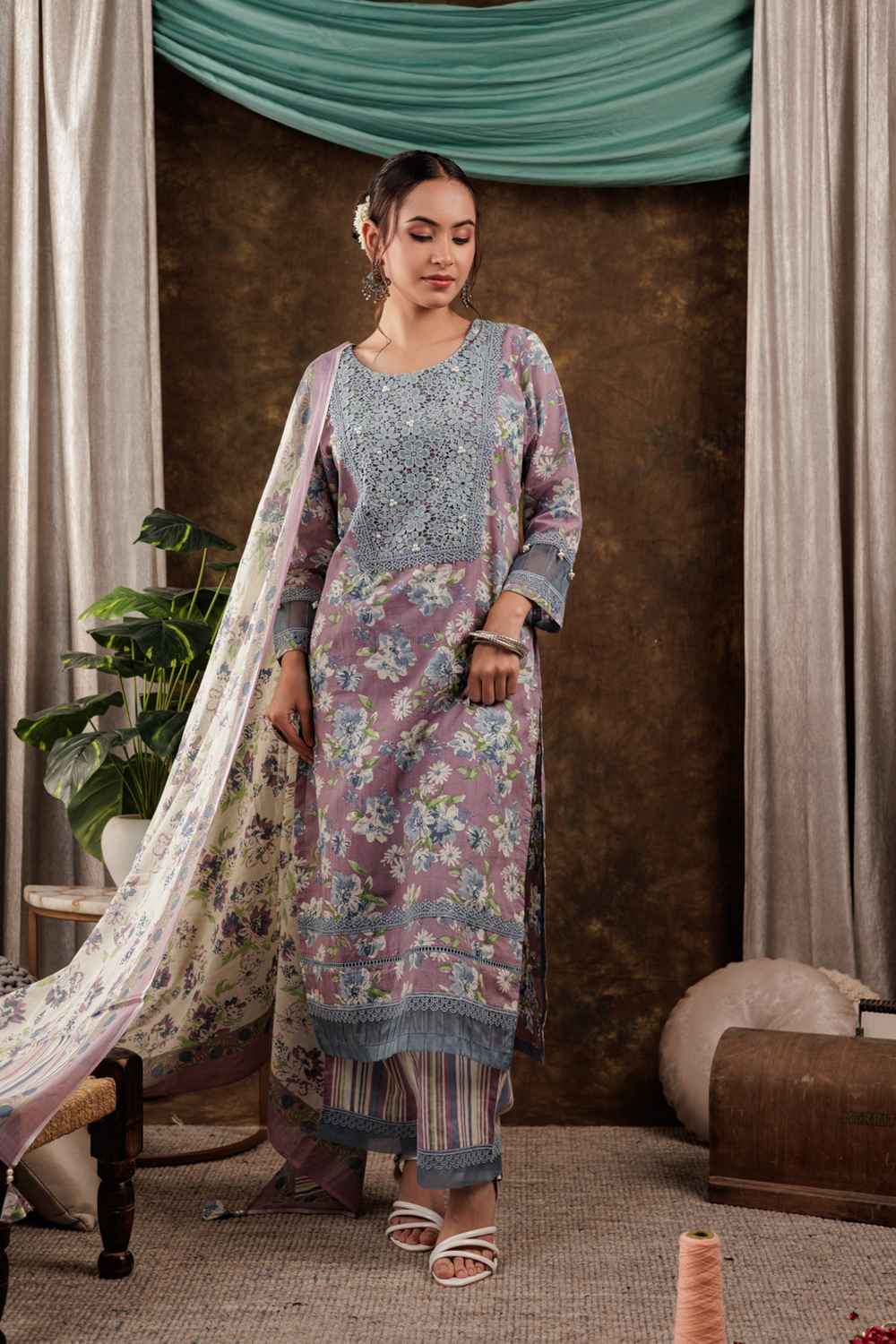 Violet Floral Print Beads and Stones Embossed Pure Cotton Kurta Set