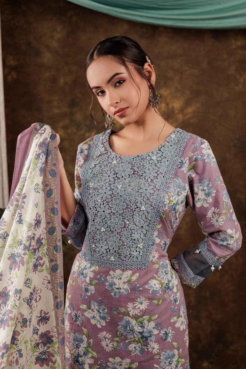 Violet Floral Print Beads and Stones Embossed Pure Cotton Kurti Set