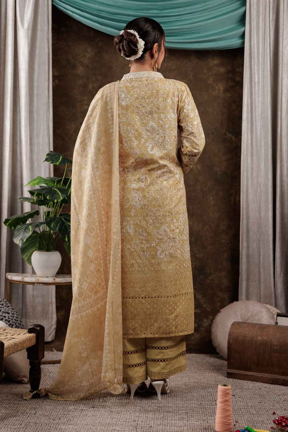 Yellow Floral Print Beads and Stones Embossed Pure Cotton Kurta Set