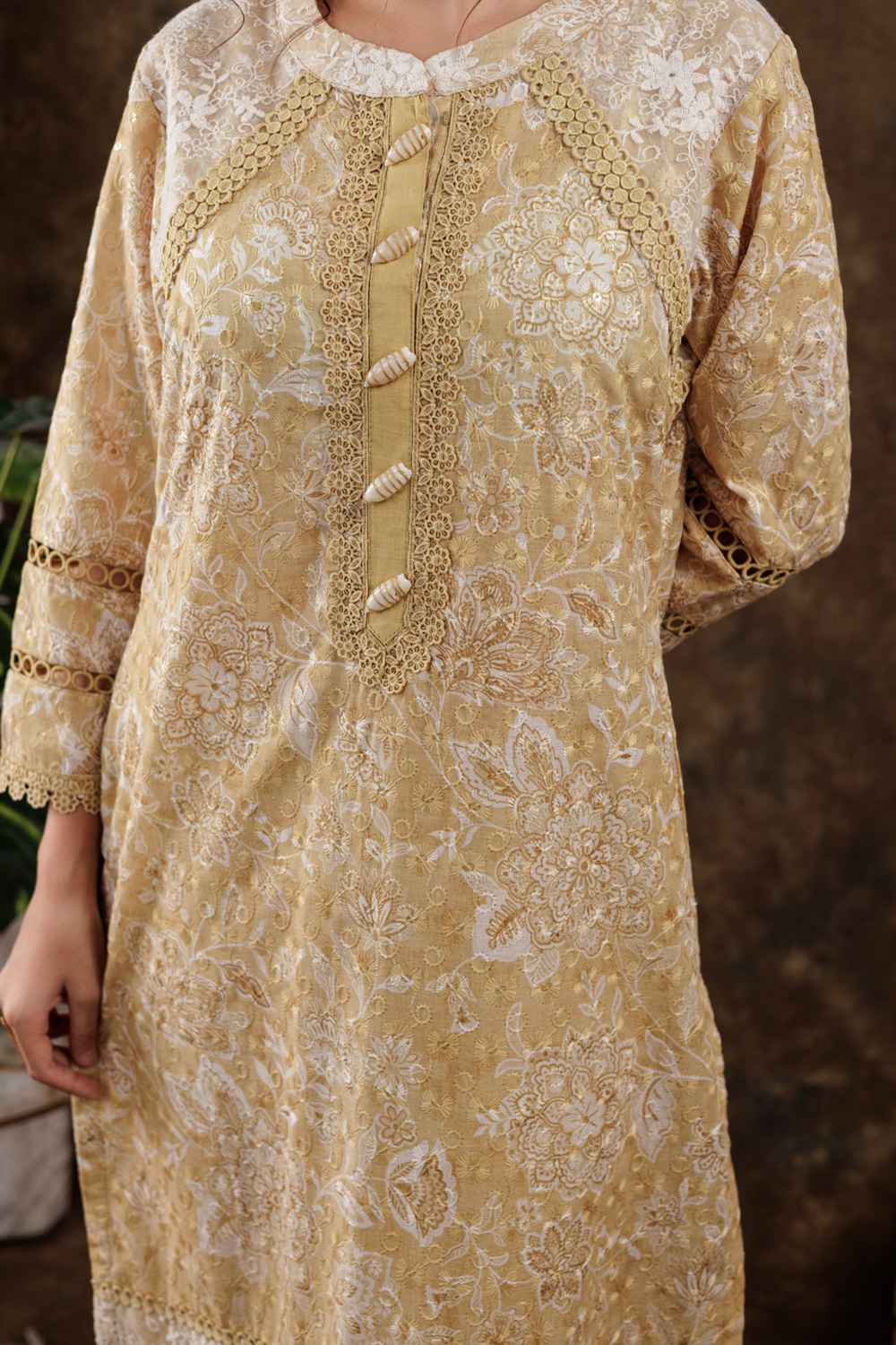 Yellow Floral Print Beads and Stones Embossed Pure Cotton Kurti Set