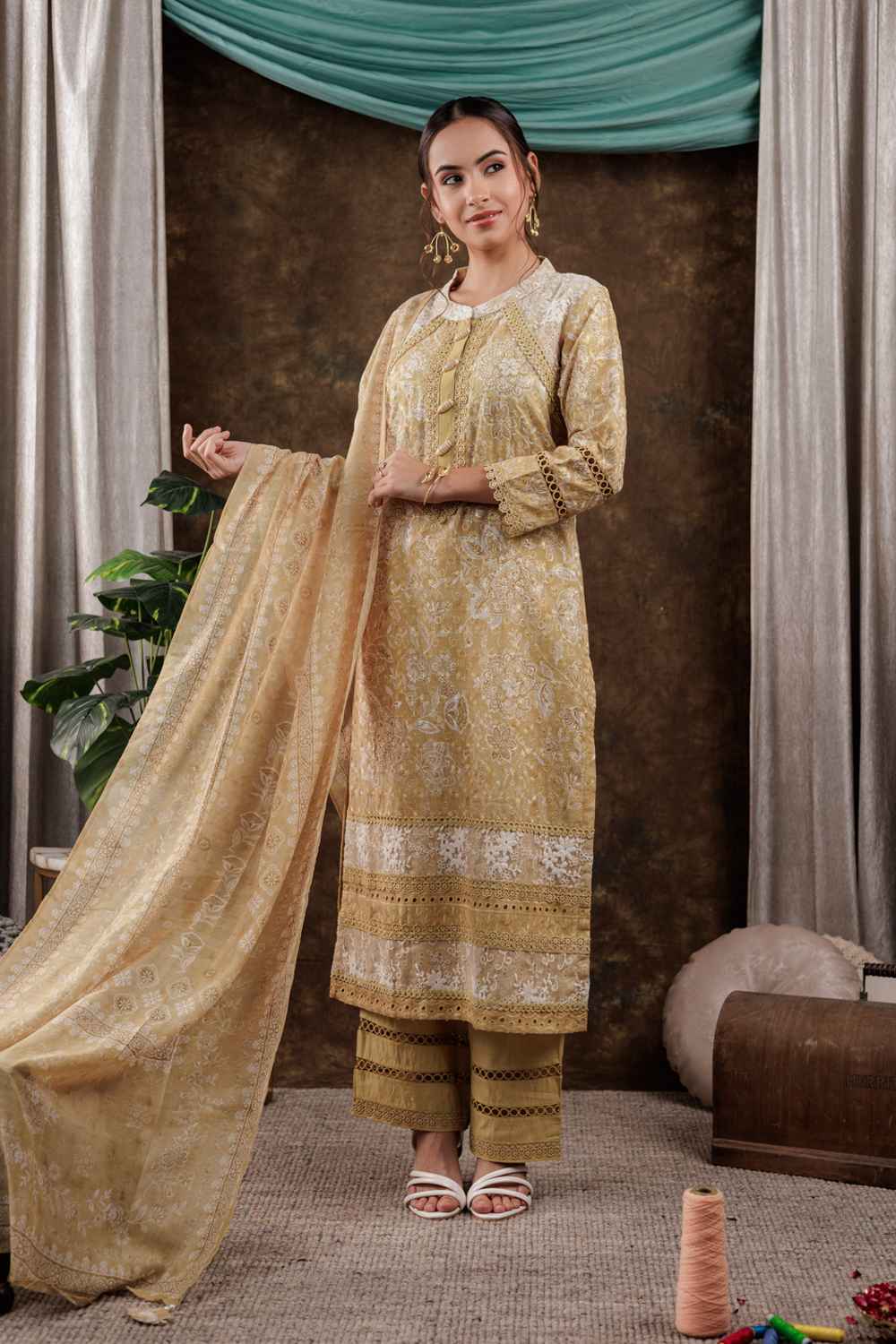 Yellow Floral Print Beads and Stones Embossed Pure Cotton Kurti Set