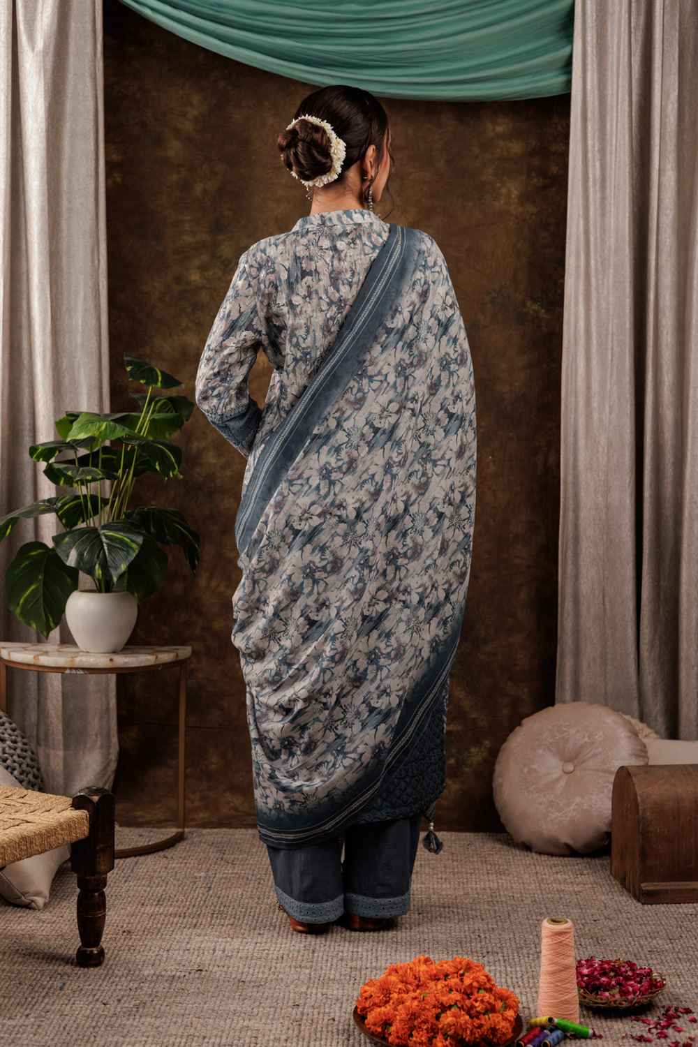 Grey Floral Print Beads and Stones Embossed Pure Cotton Kurta Set