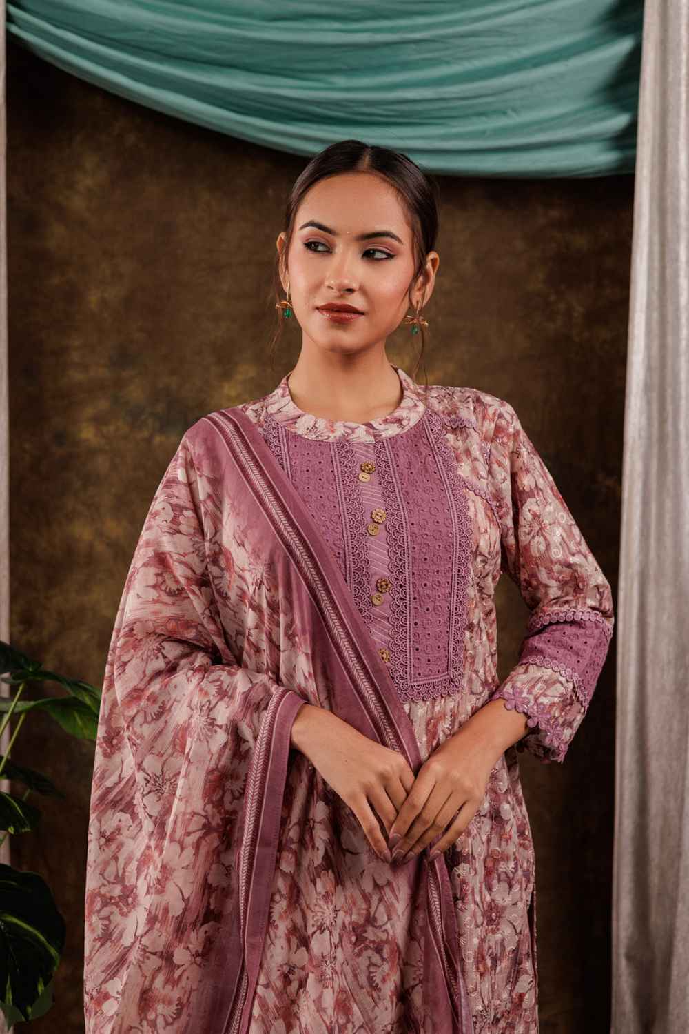 Violet Floral Print Beads and Stones Embossed Pure Cotton Kurti Set