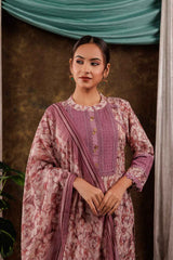 Violet Floral Print Beads and Stones Embossed Pure Cotton Kurta Set