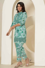 Turquoise Lace Work Cotton Co-Ord Set