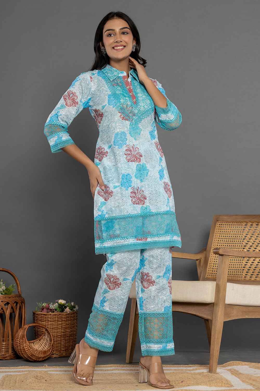 Blue Lace Work Cotton Co-Ord Sets