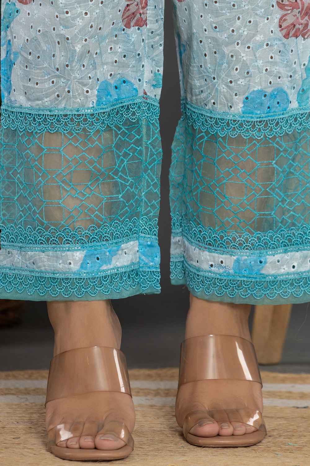 Blue Lace Work Cotton Co-Ord Sets