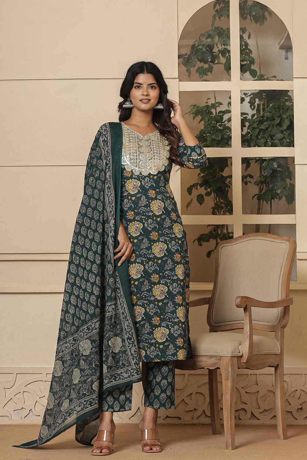 Green Floral Print Sequins Work Pure Cotton Kurta Set