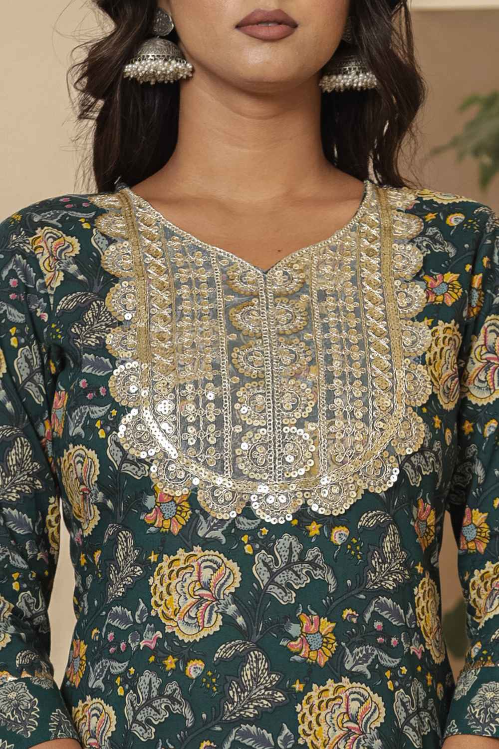 Green Floral Print Sequins Work Pure Cotton Kurta Set