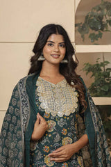 Green Floral Print Sequins Work Pure Cotton Kurta Set