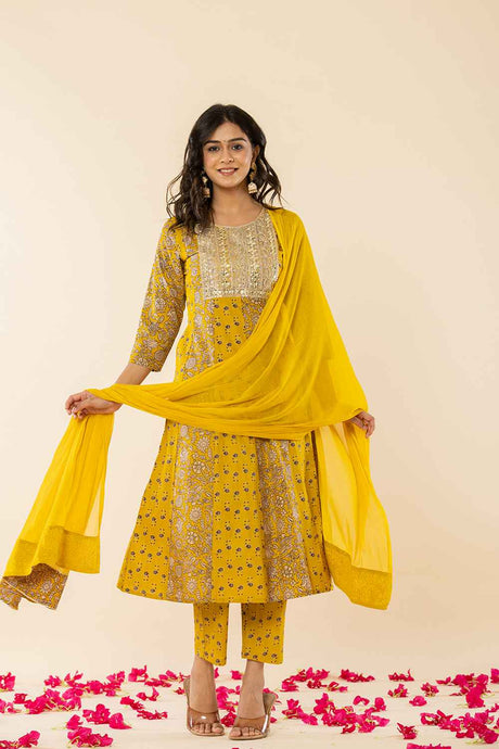 Yellow Floral Print Embroidered Pure Cotton Kurti Set