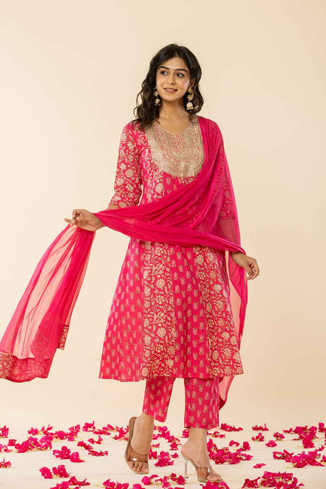 Pink Floral Print Embroidered Pure Cotton Kurti Set