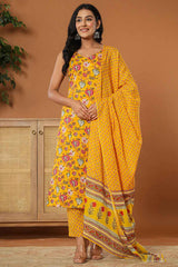 Yellow Floral Print Pure Cotton Kurti Set