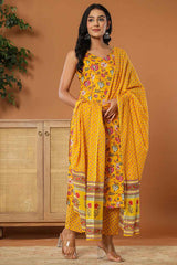 Yellow Floral Print Pure Cotton Kurta Set