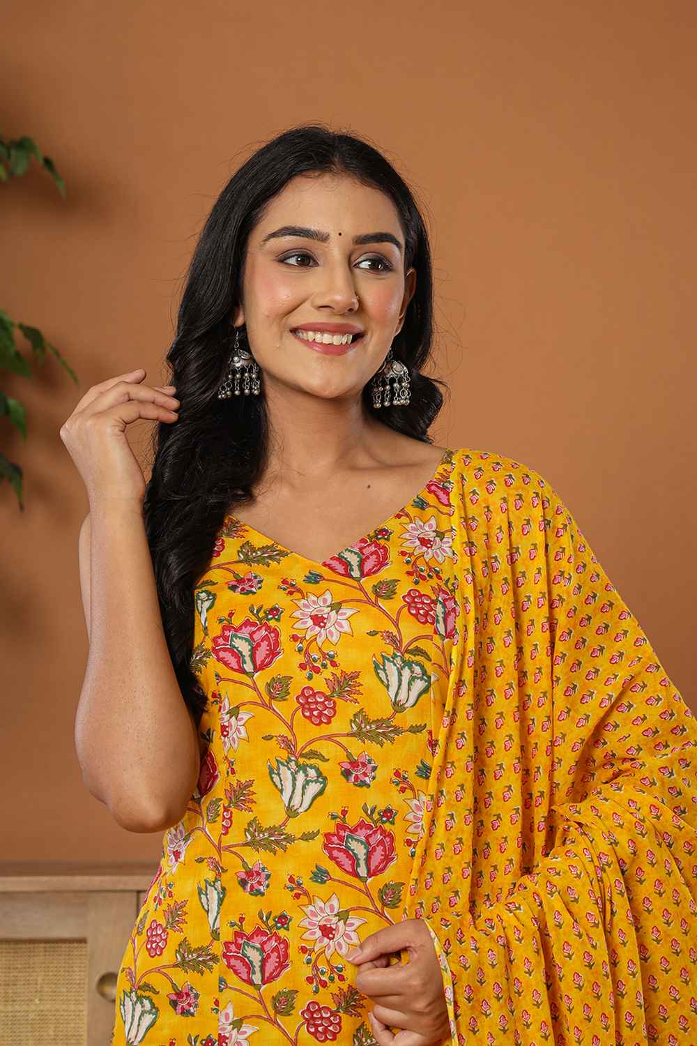 Yellow Floral Print Pure Cotton Kurti Set