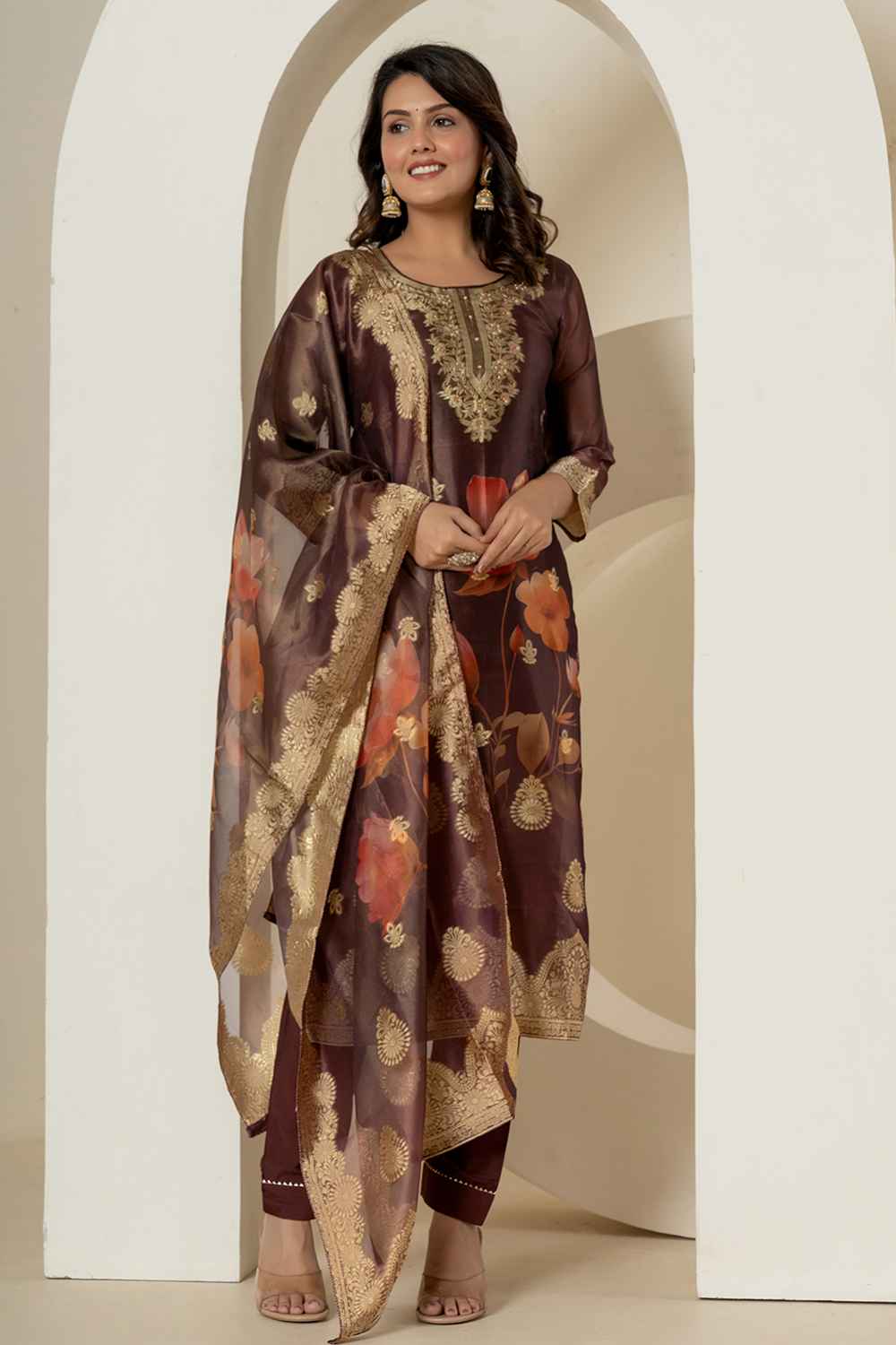 Brown Ethnic Motifs Patch Work Tissue Kurta Set