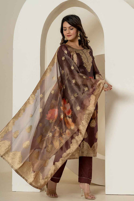 Brown Ethnic Motifs Patch Work Tissue Kurta Set