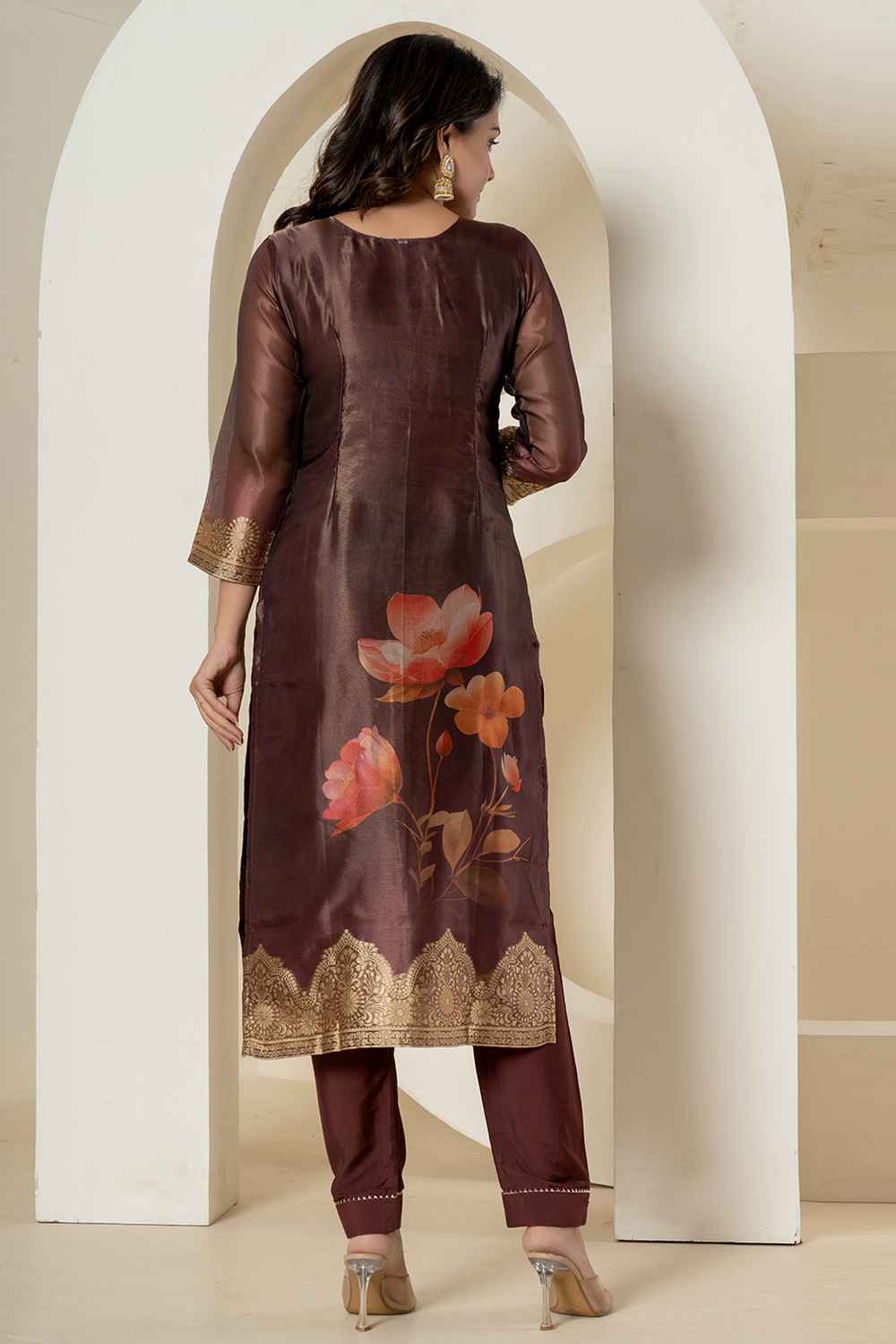 Brown Ethnic Motifs Patch Work Tissue Kurta Set