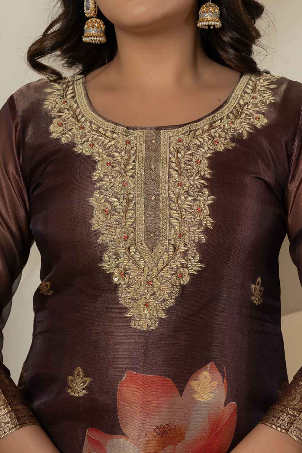 Brown Ethnic Motifs Patch Work Tissue Kurta Set