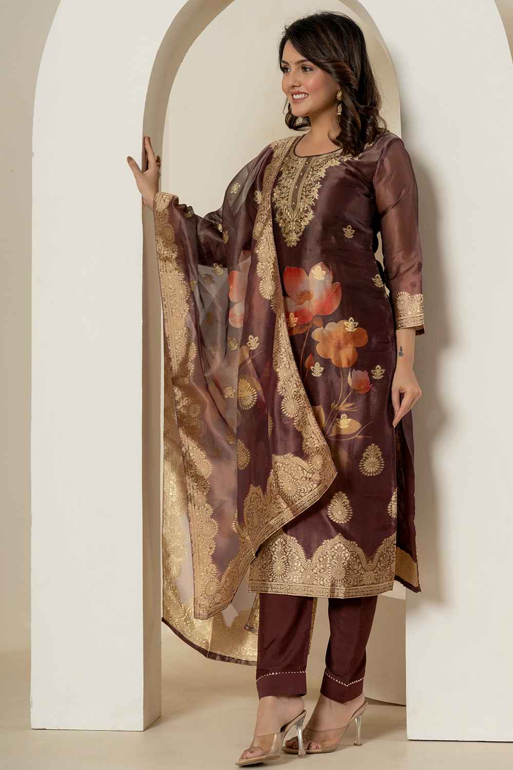 Brown Ethnic Motifs Patch Work Tissue Kurta Set