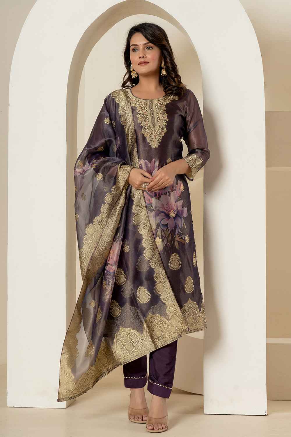 Violet Ethnic Motifs Patch Work Tissue Kurta Set