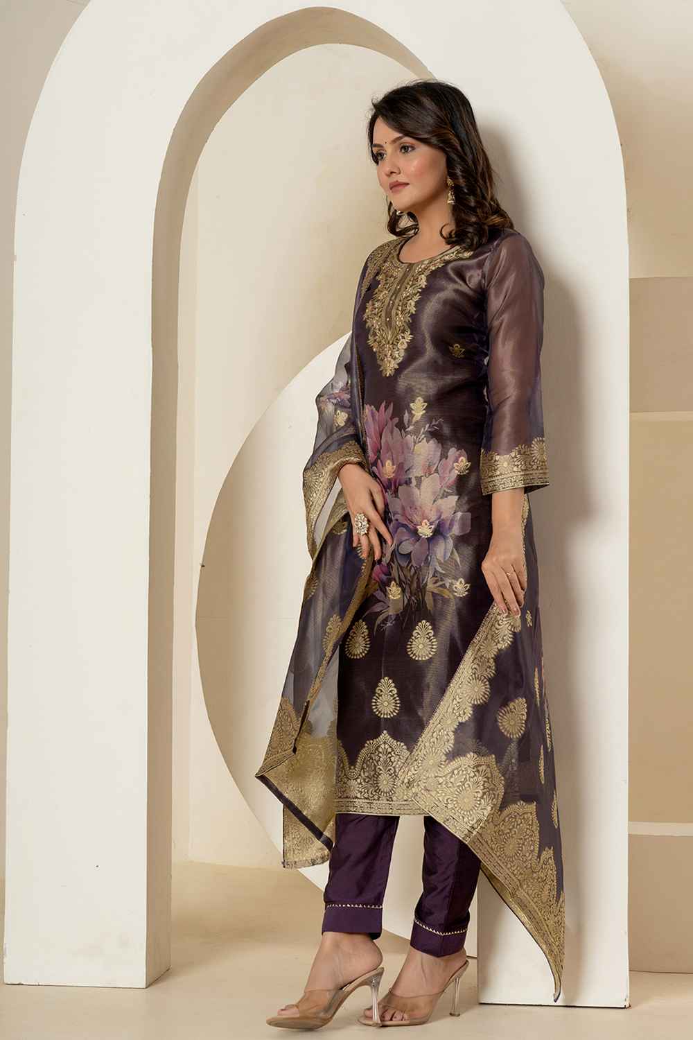 Violet Ethnic Motifs Patch Work Tissue Kurta Set