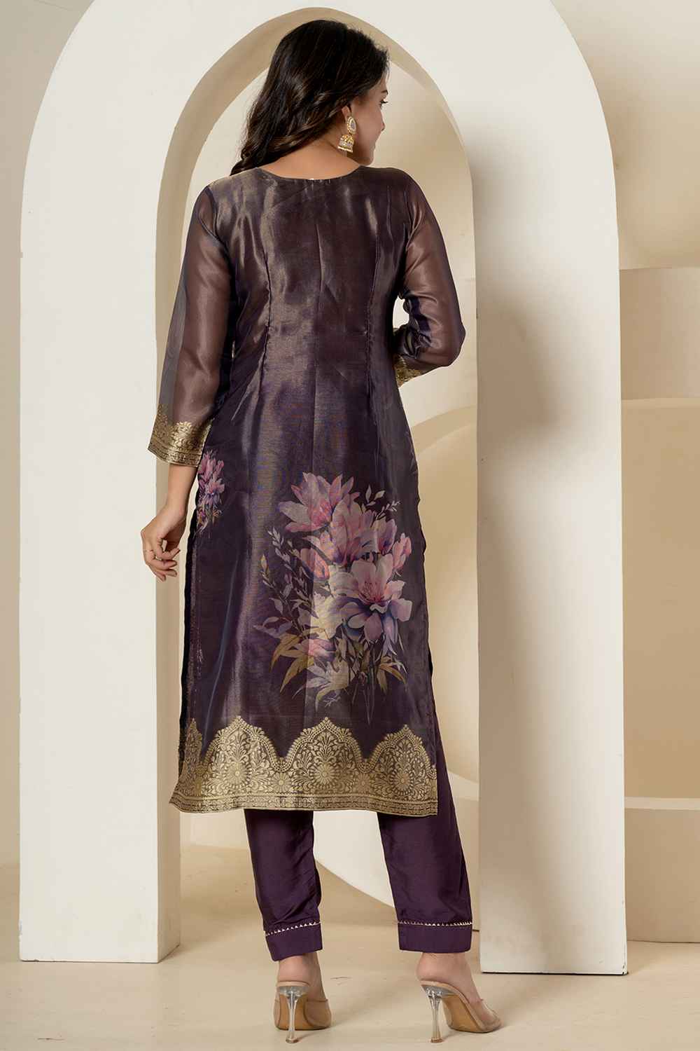 Violet Ethnic Motifs Patch Work Tissue Kurta Set