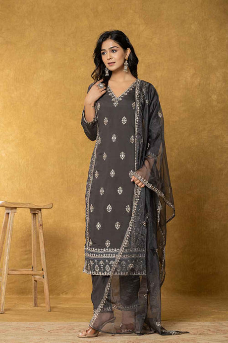 Grey Thread Work Silk Kurti Set