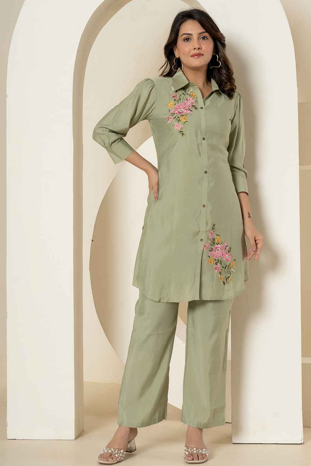 Olive Thread Work Silk Co-Ord Sets