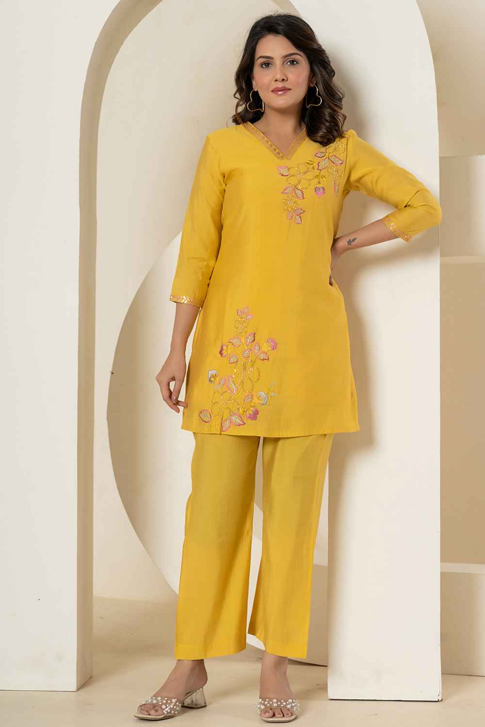 Yellow Thread Work Silk Co-Ord Sets