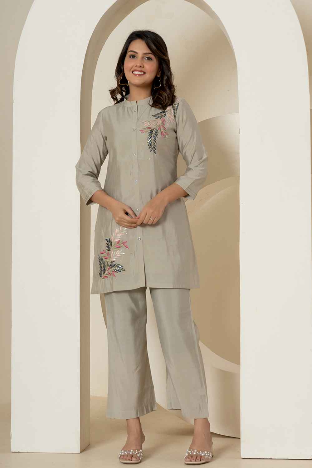 Grey Thread Work Silk Co-Ord Sets