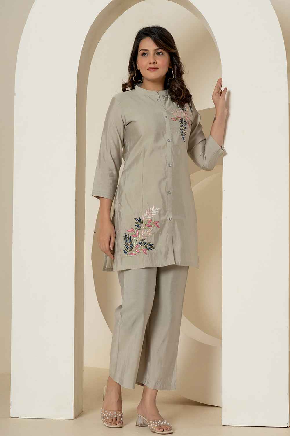 Grey Thread Work Silk Co-Ord Sets